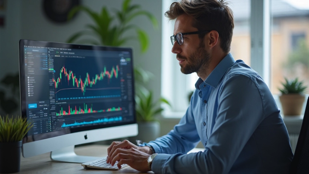 Systematischer Handelsanalyst arbeitet mit Diagrammen und Datenvisualisierungen am Computer