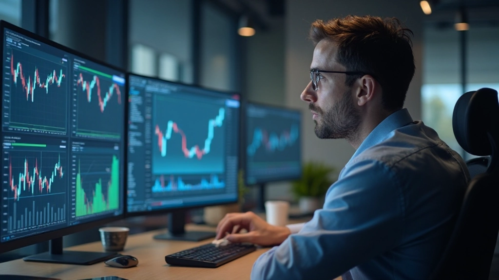 Marktanalyst untersucht Preistrends und technische Indikatoren am Computer