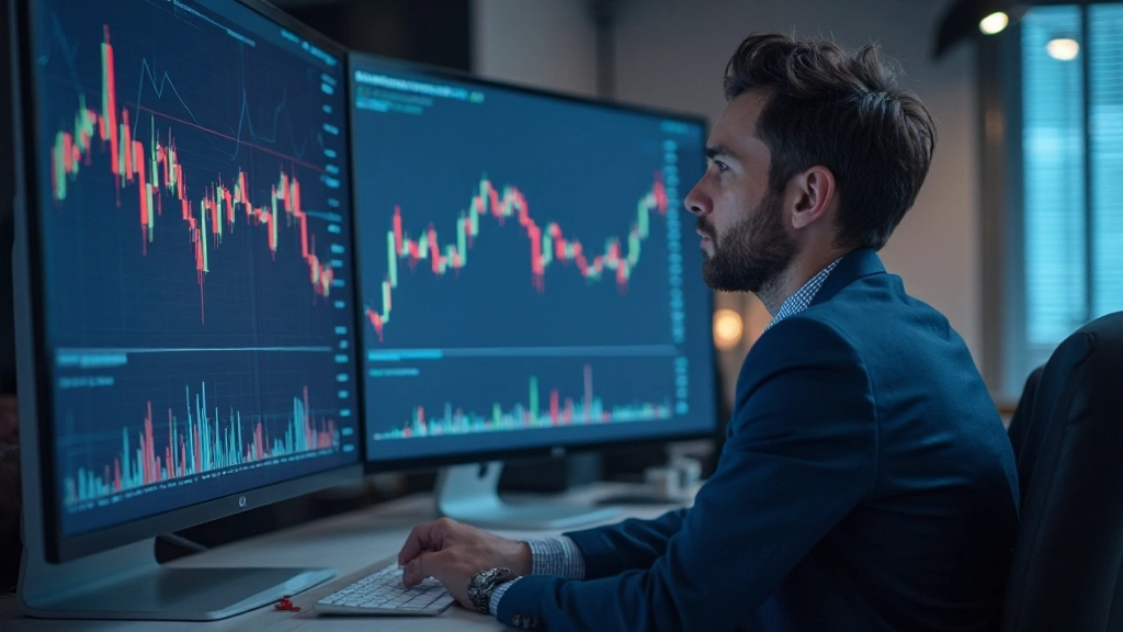 Finanzanalyst studiert mehrere Indikatoren und Wirtschaftsdaten auf Monitor, Handelsarbeitsplatz mit Datenvisualisierungen, professionelle Analyseumgebung