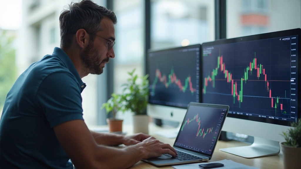 Monitor mit mehreren Indikatorfenstern nebeneinander, zeigt gleitende Durchschnitte, MACD und Stochastik auf einem Tages-Chart