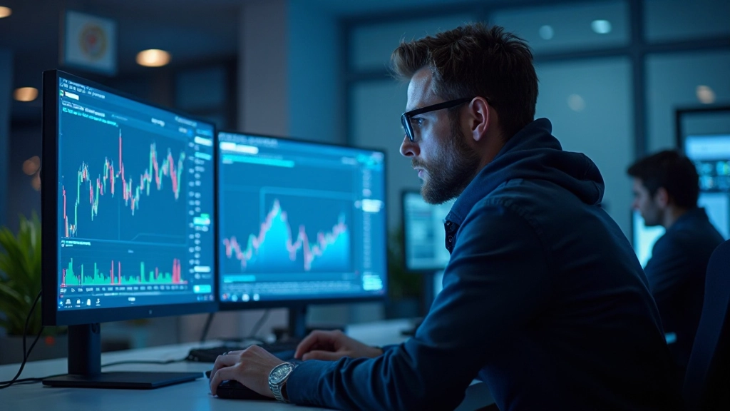 Professionelles Foto eines Datenanalysten, der Dividenden-Performance-Metriken auf großen Monitoren überprüft, modernes Trading-Desk-Setup, grüne und blaue Finanz-Bildschirme, konzentrierter Blick, verschwommener Hintergrund, KEIN Text, KEINE Wasserzeichen