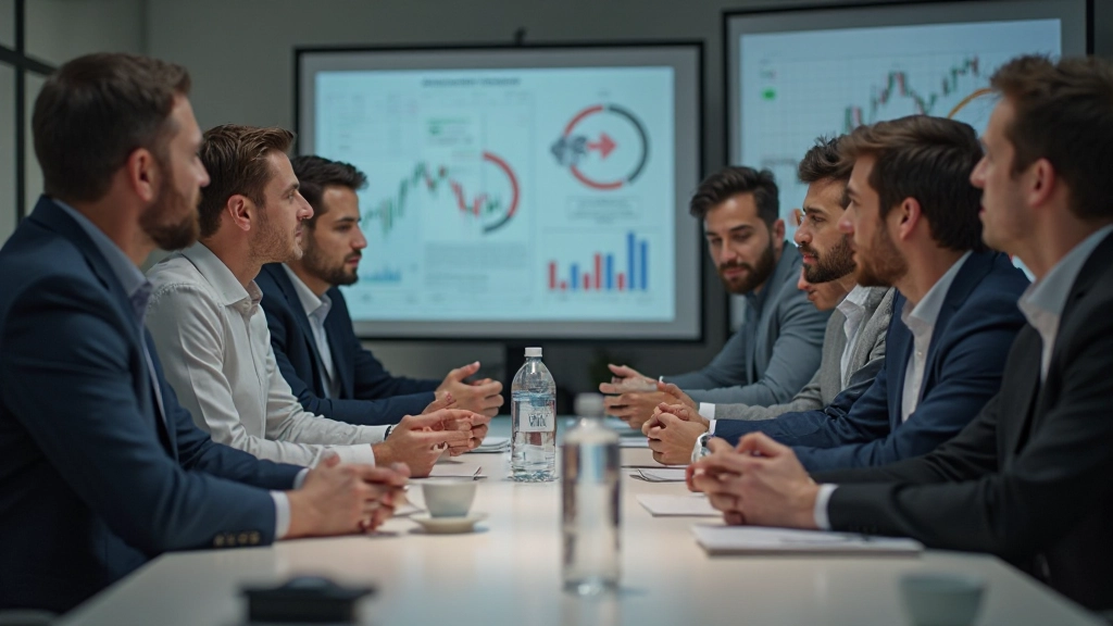 Gruppe von Tradern in einer modernen Schulungsumgebung, die sich über psychologische Handelskonzepte austauschen und gemeinsam lernen