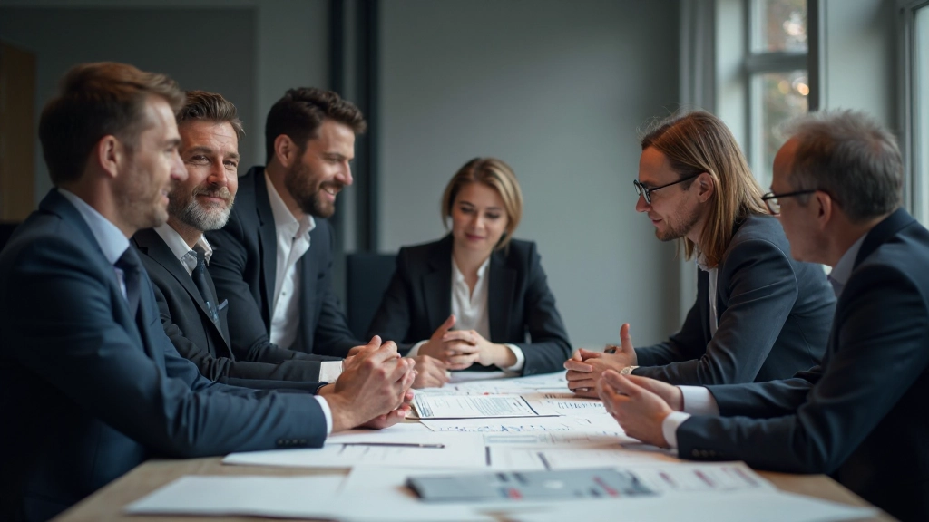 Geschäftsleute in Besprechung diskutieren Finanzberichte und Jahresabschlüsse auf Papier und Bildschirmen