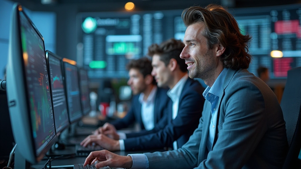 Mehrere Trader sitzen zusammen vor großen Bildschirmen mit Börsendiagrammen und analysieren gemeinsam Marktdaten in einem modernen Handelsraum