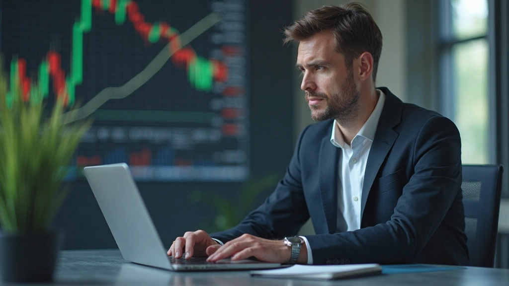 Ökonomist analysiert wirtschaftliche Daten und Indikatoren auf Laptop mit Echtzeit-Marktdaten und Grafiken