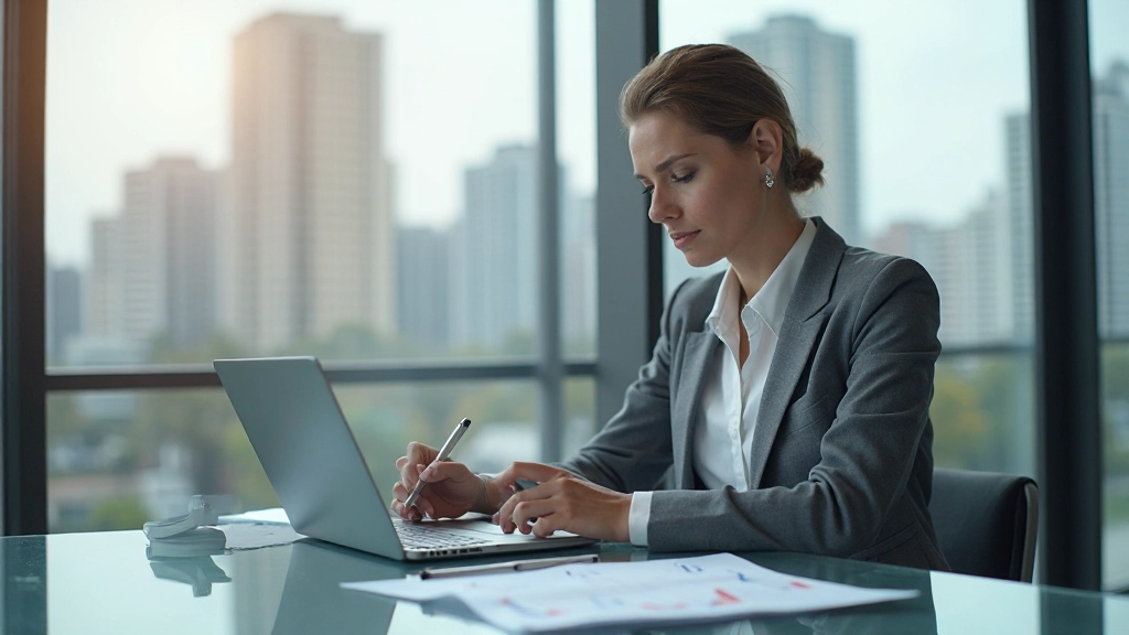 Finanzanalytiker mit Tablet und Laptop untersucht Wirtschaftsdaten und Charts in modernem Büro mit Panoramafenster und Stadtblick im Hintergrund