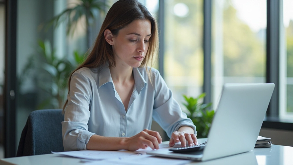 Finanzanalyst mit Taschenrechner und Finanzberichten, der Kennzahlen und wirtschaftliche Indikatoren berechnet