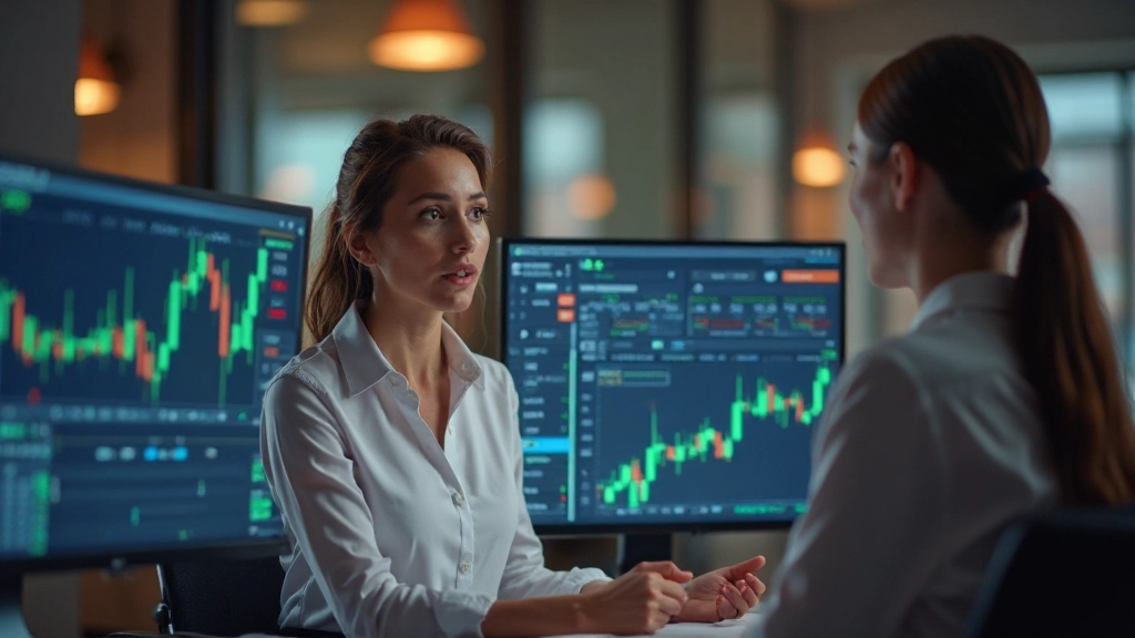 Mentoring-Sitzung mit digitalen Diagrammen und Handelsmetriken auf dem Bildschirm im Hintergrund