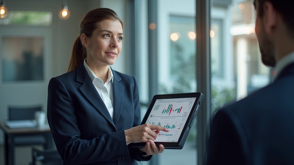 Wirtschaftsanalyst mit Tablet zeigt Diversifikationsportfolio mit verschiedenen Sektoren in Finanzkonferenzraum