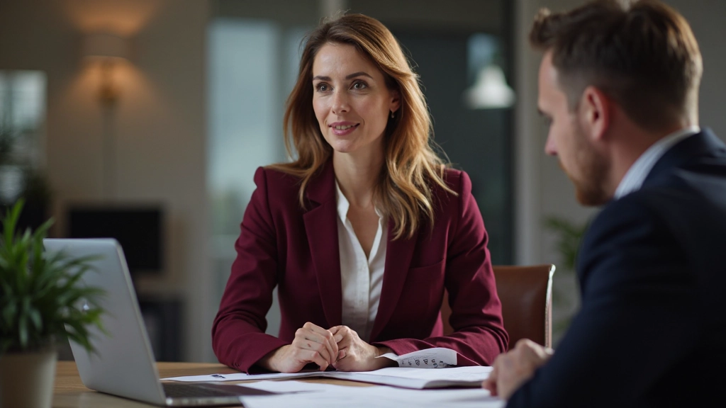 Professionelle Foto einer Finanzberaterin, die mit Kundin am Tisch über Aktieninvestment spricht und Dokumente zeigt
