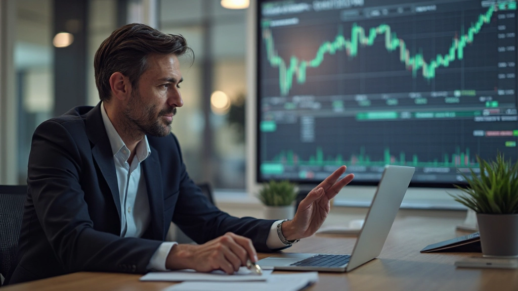 Visualisierung der Brokerrolle als Vermittler zwischen Käufer und Verkäufer mit Finanzmarktdaten im Hintergrund