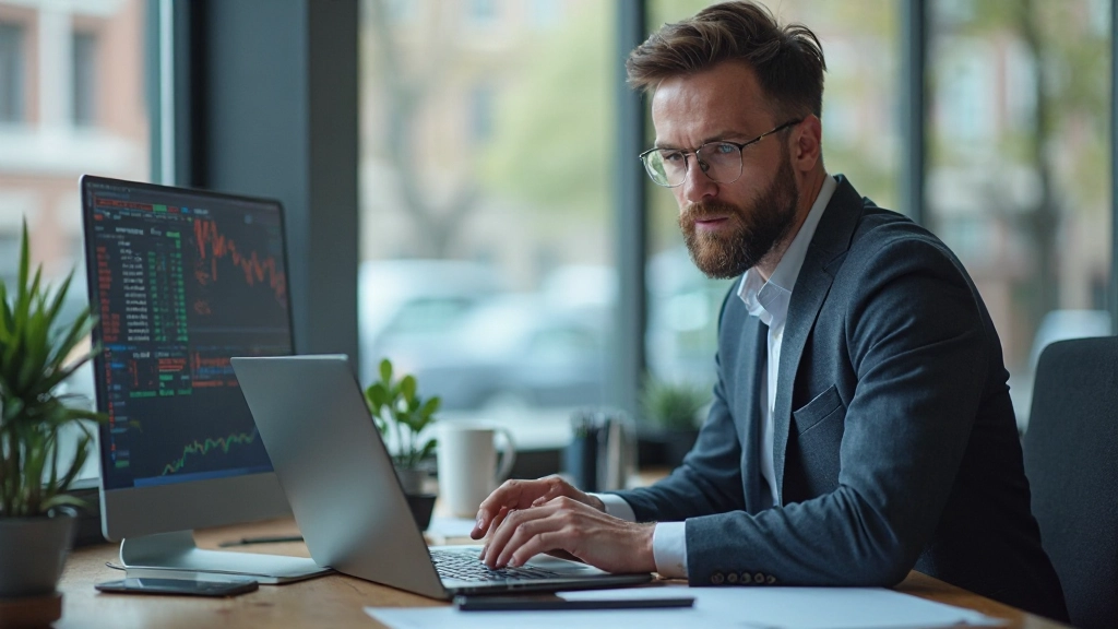 Professionelles Foto eines Handelsanalysisten, der Marktdaten auf einem Laptop überprüft, modernes Büro mit gedimmtem Hintergrund, natürliche Beleuchtung
