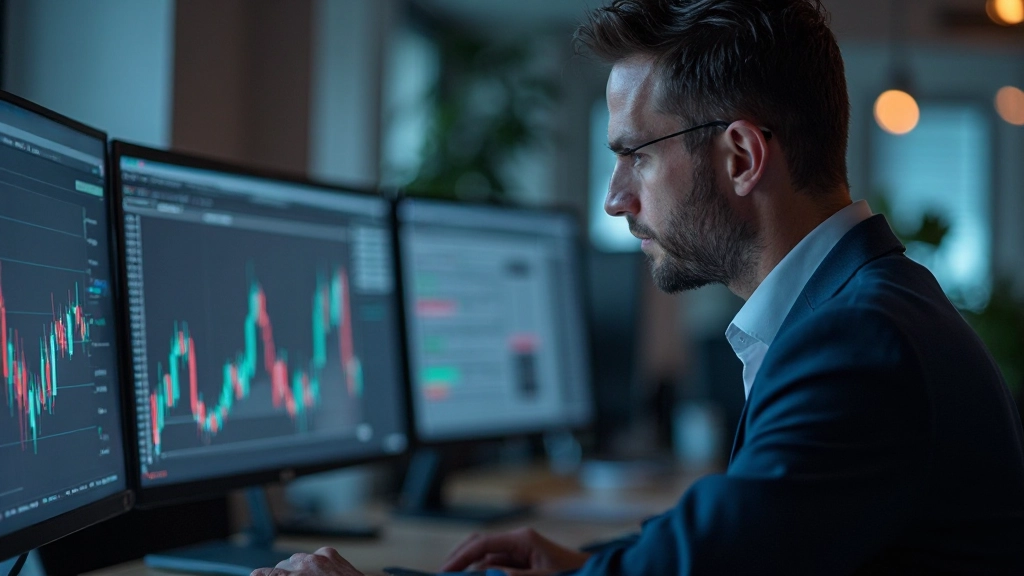 Finanzanalyst betrachtet mehrere Monitore mit Marktdaten und Preisgrafiken