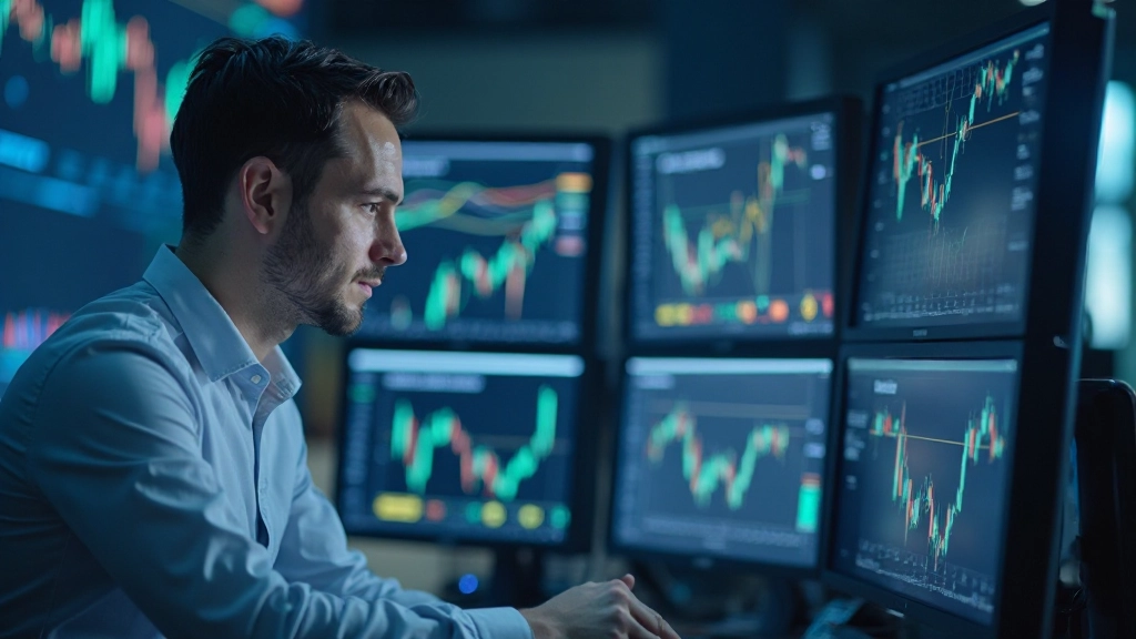 Finanzanalyst mit mehreren Monitoren führt detaillierte Marktanalyse durch
