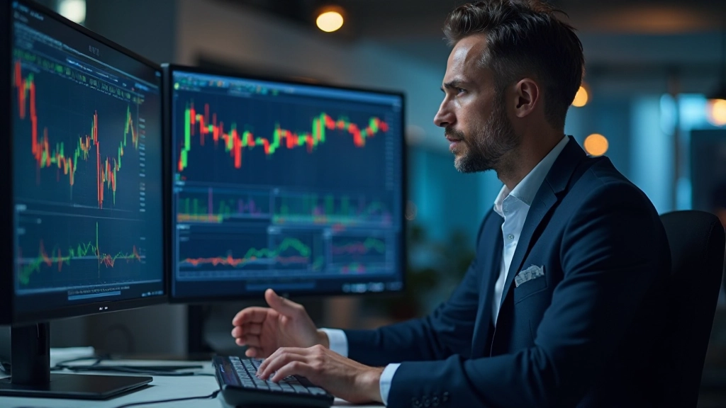 Professionelles Foto eines Finanzanalysten, der Dividendenerträge auf einem Dashboard überprüft, modernes Büro mit blauem Licht von Finanz-Bildschirmen, natürliche Beleuchtung, verschwommener Hintergrund, KEIN Text, KEINE Wasserzeichen