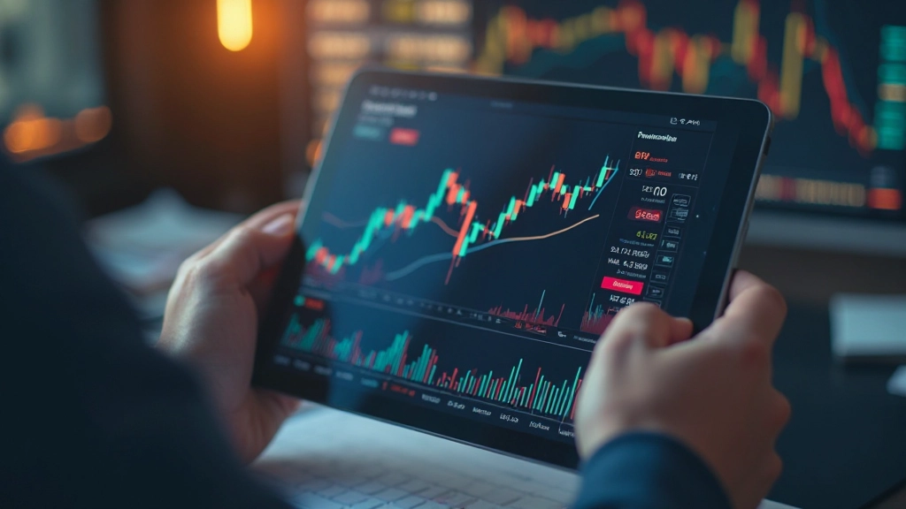 Nahaufnahme eines Handelsbildschirms mit mehrfarbigen Kerzendiagrammen, Trendlinien und Analysetools auf dunklem Interface mit blauen und grünen Akzenten