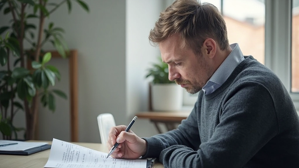Investor am Schreibtisch studiert Geschäftsbericht mit Brille und notiert Erkenntnisse in Notizbuch