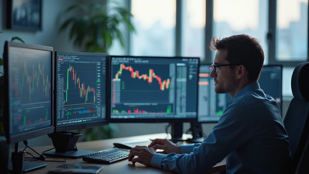 Finanzanalyst untersucht Kursdiagramme mit verschiedenen technischen Mustern auf dem Monitor