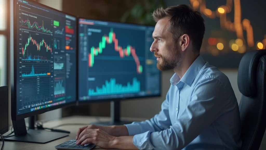 Finanzanalyst untersucht Geschäftsdaten und Finanzberichte an modernem Arbeitsplatz mit Grafiken und Diagrammen