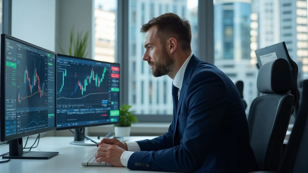 Professionelles Foto eines Brokers bei der Arbeit an modernem Handelsplatz mit Finanzcharts und Datenvisualisierungen