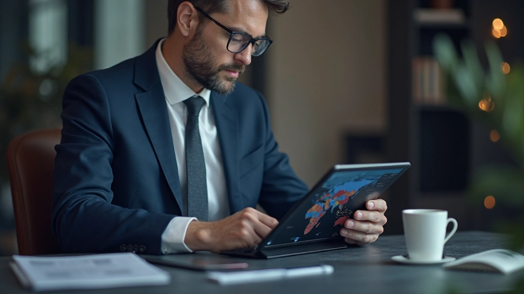 Finanzanalyst studiert Weltkarte und geopolitische Indikatoren auf interaktivem Display