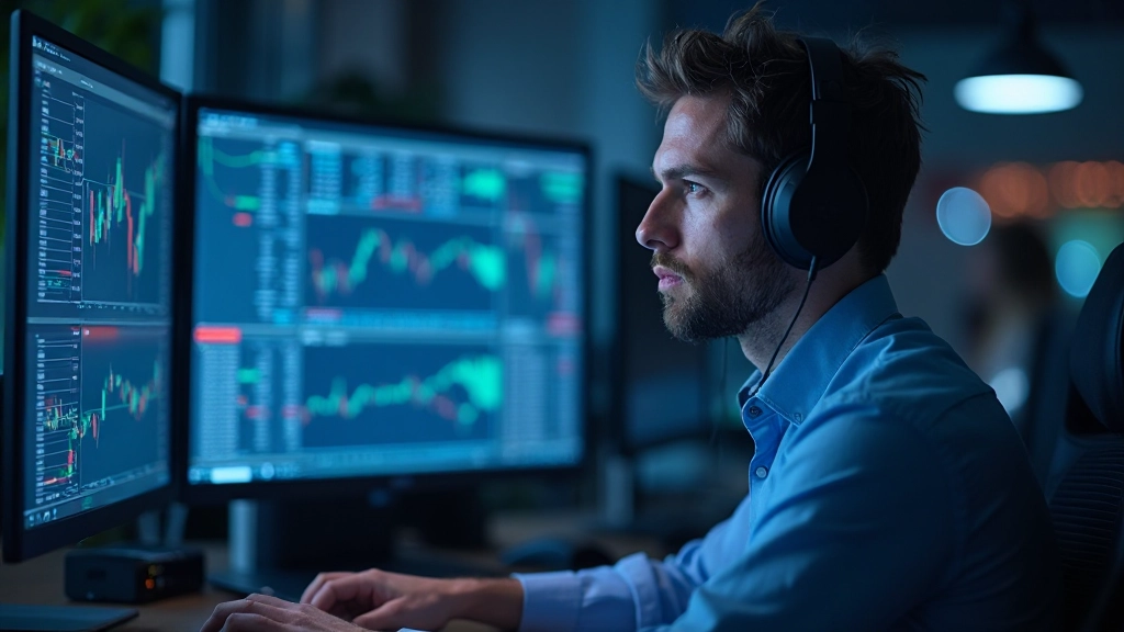 Trader mit Kopfhörern sitzt konzentriert vor mehreren Monitoren und überwacht Live-Trading-Daten