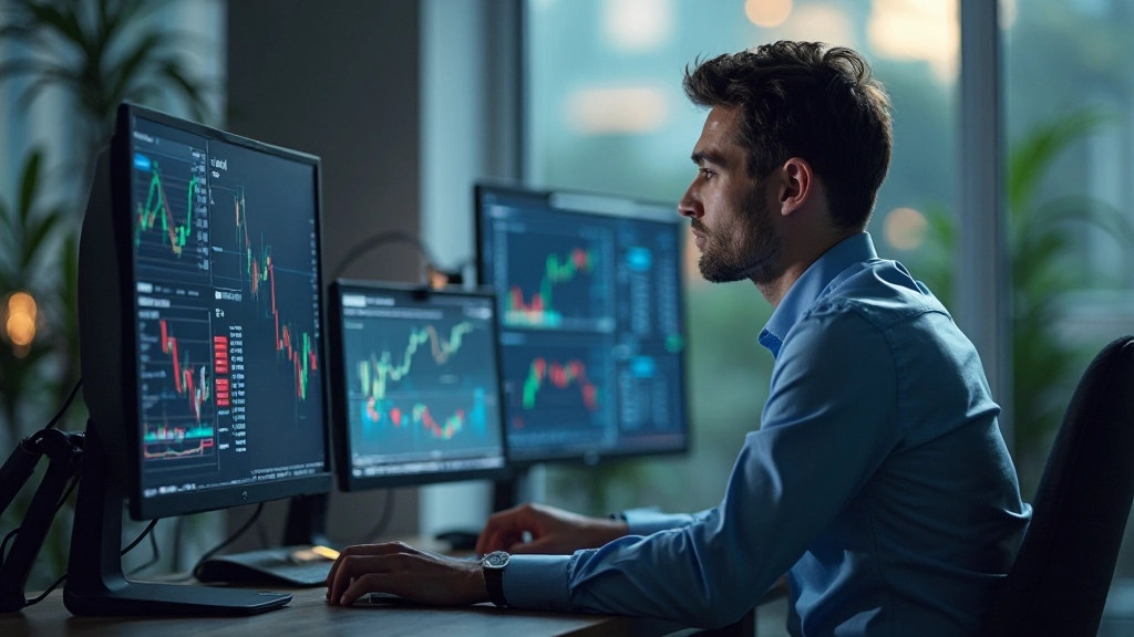 Trader am Schreibtisch mit Diagrammen und Analysetools zur Handelsplanung