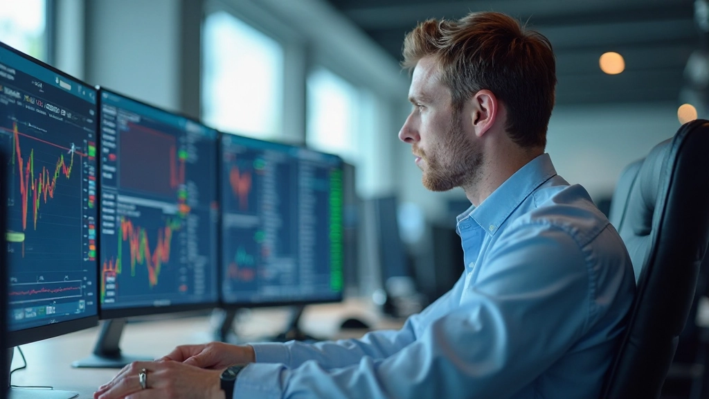 Trader betrachtet mehrere Bildschirme mit Marktdaten und Candlestick-Charts in professionellem Handelszentrum