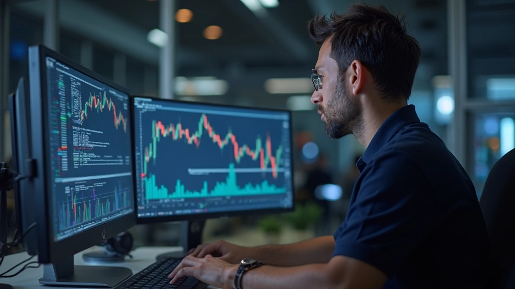 Professioneller Trader analysiert Handelsplattform auf Computerbildschirm mit Charts und Marktdaten