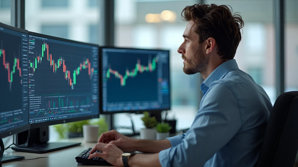 Professionelles Foto eines Traders, der Charts analysiert und Markttrends auf mehreren Monitoren beobachtet, modernes Handelsbüro mit Echtzeit-Datenvisualisierung, natürliche Beleuchtung von Fenster, unscharfer Hintergrund