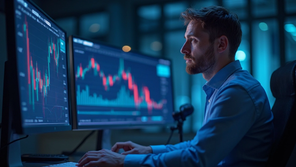 Trader analysiert Backtesting-Ergebnisse auf mehreren Monitoren mit Diagrammen und Daten