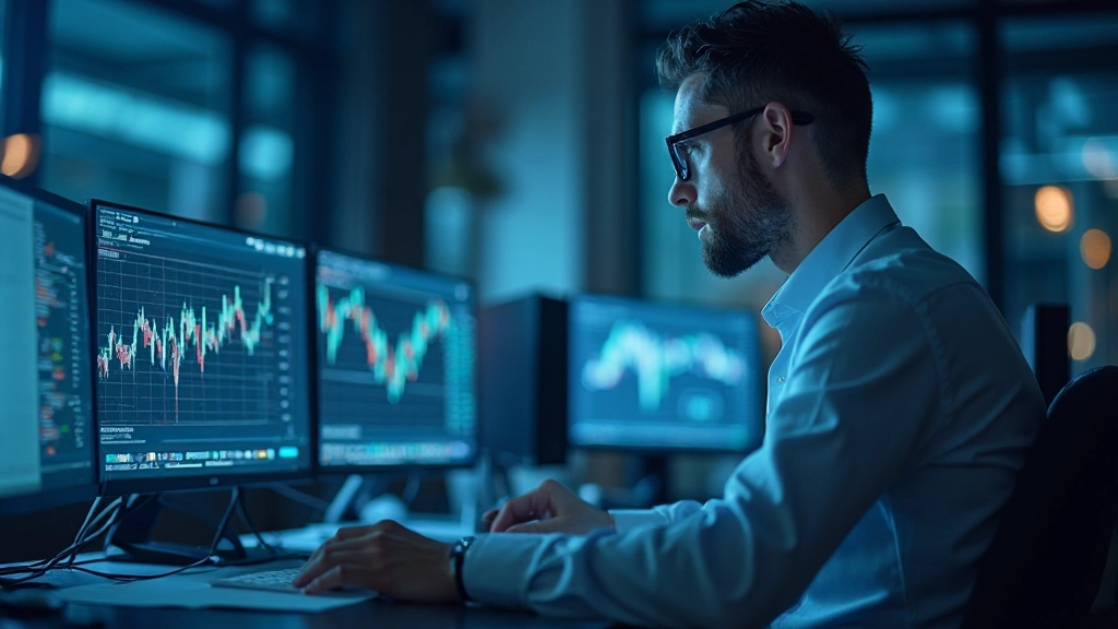 Händler analysiert Marktdaten auf mehreren Monitoren mit Diagrammen und Indikatoren