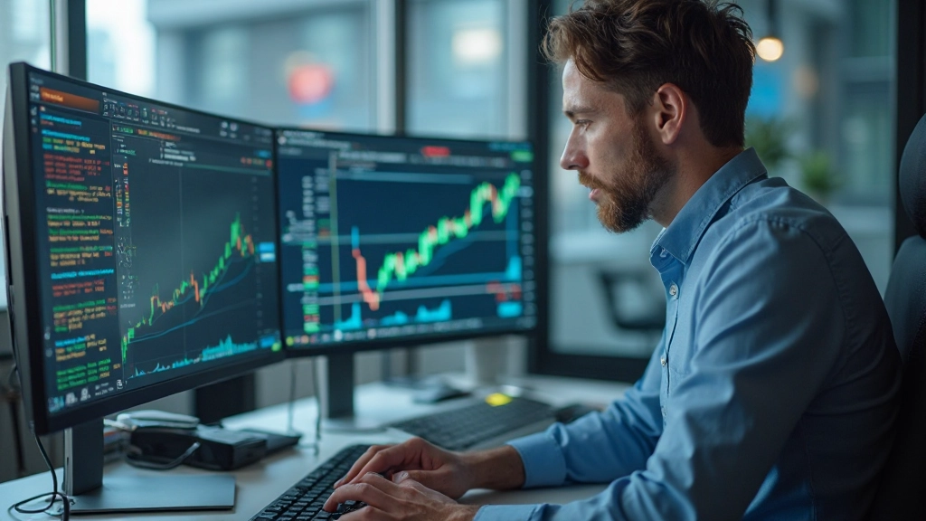 Professionelles Foto eines Traders bei der Analyse von Marktdaten auf mehreren Bildschirmen in modernem Büro mit natürlichem Licht