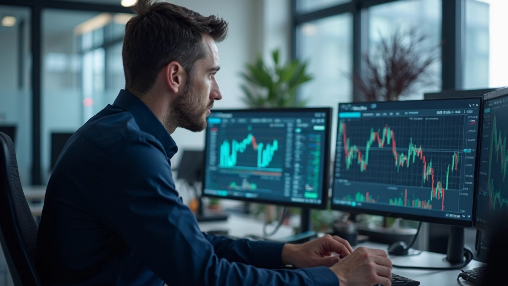 Professioneller Trader analysiert Marktdaten auf mehreren Bildschirmen in modernem Büro