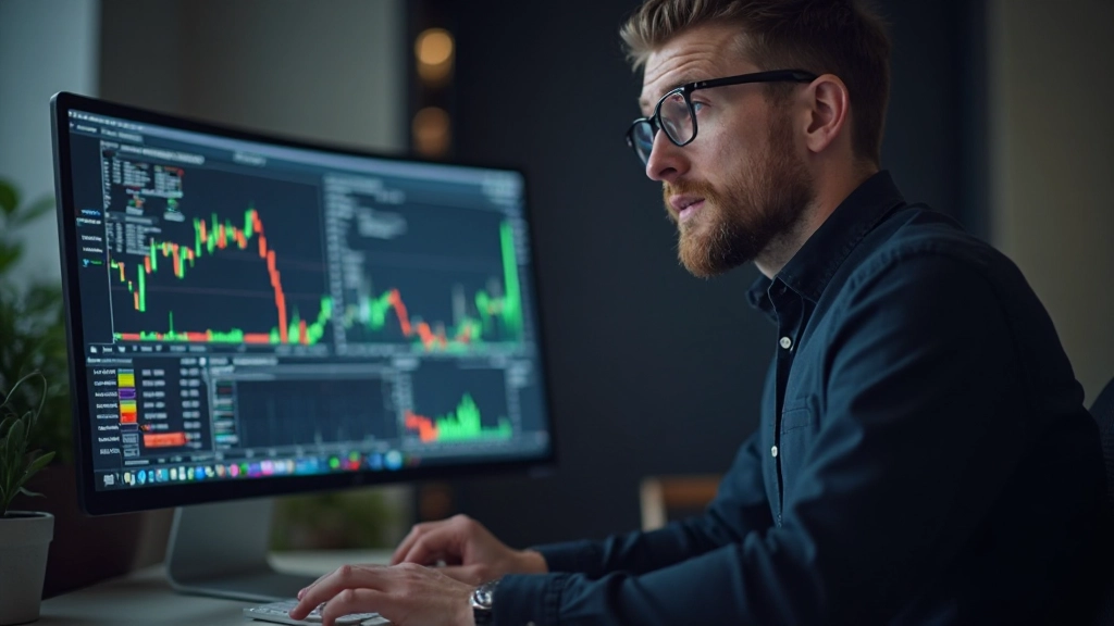 Professionelles Foto eines Traders, der mit analytischem Blick auf Bildschirme mit Performance-Metriken und Daten schaut, konzentriertes Arbeitszimmer