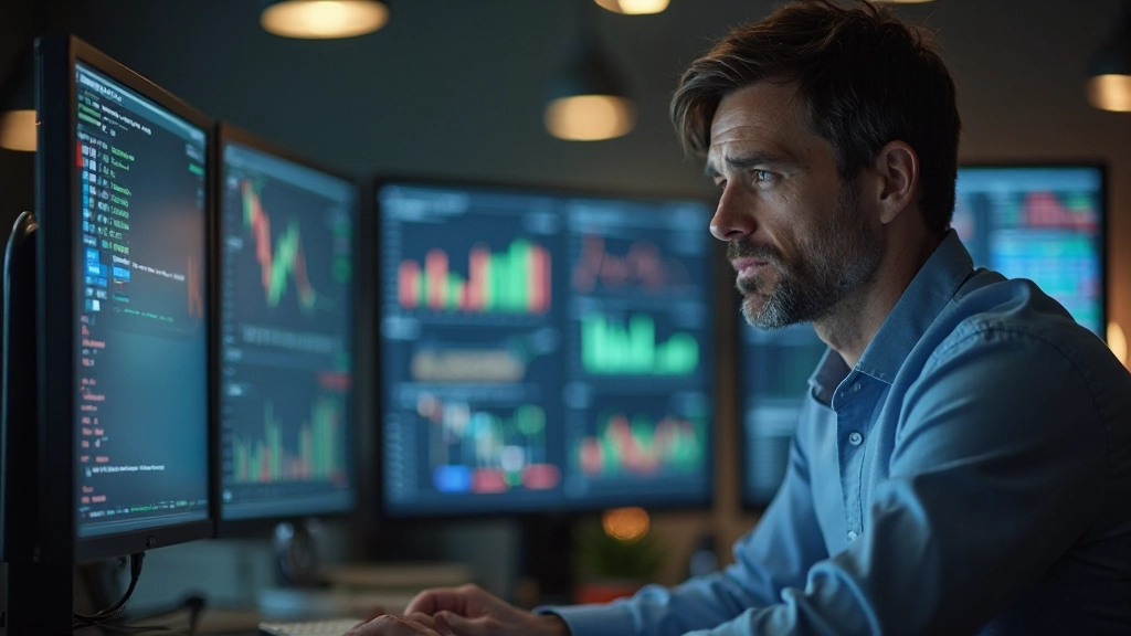 Professioneller Trader überwacht Risiko-Management-Metriken und Portfolio-Kennzahlen auf Handels-Dashboard