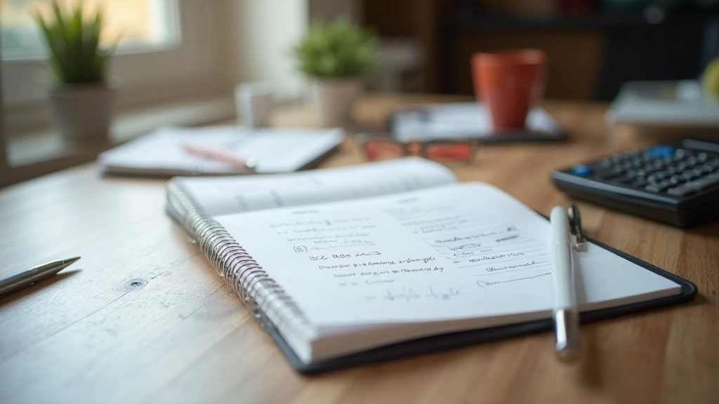 Notizbuch mit handschriftlichen Handelszielen, Diagrammen und Finanzzielen auf dem Schreibtisch