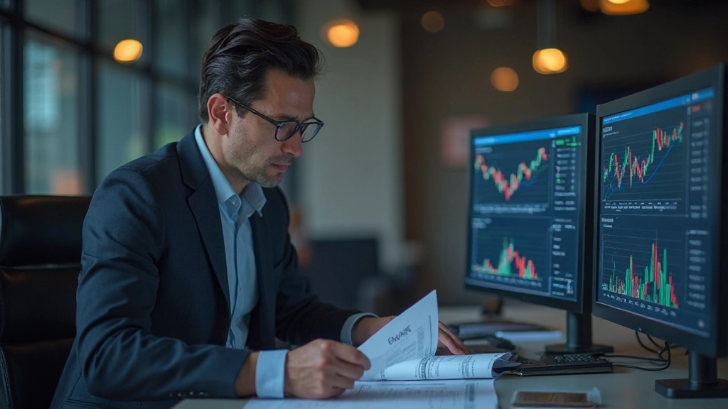 Risikomanagement-Dashboard mit Stop-Loss- und Take-Profit-Ebenen visualisiert, Trader überprüft Portfolio-Diversifikation, professionelle Umgebung