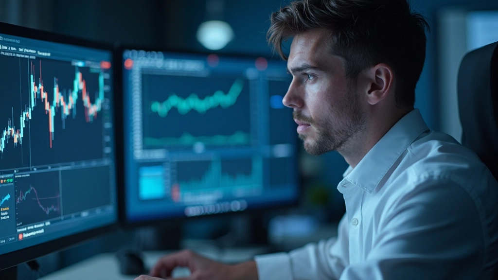 Großer Handelsmonitor zeigt detaillierte Kerzencharts mit Bollinger Bands und gleitenden Durchschnitten, professionelle Handelsumgebung mit mehreren Bildschirmen im Hintergrund