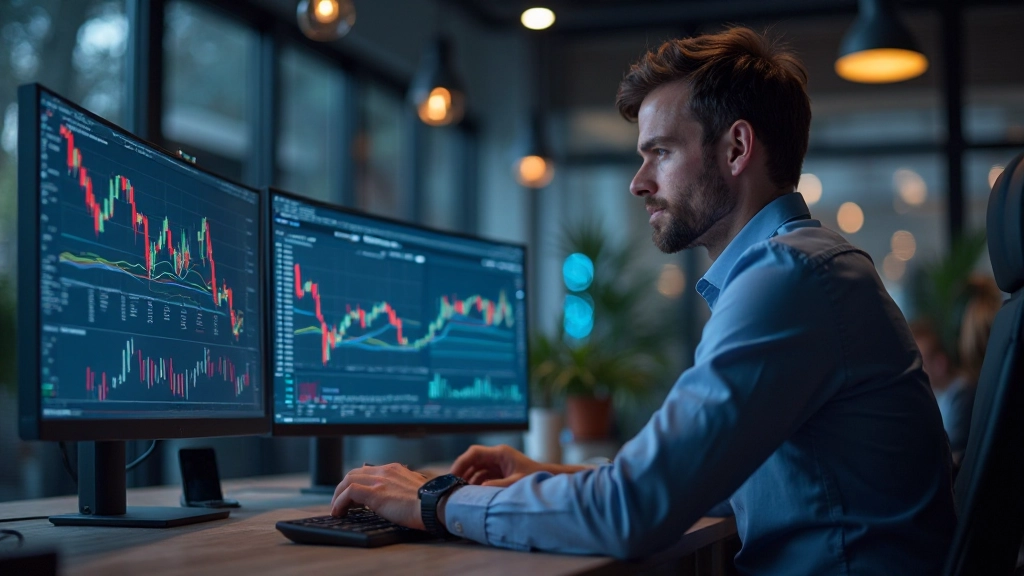 Grafische Darstellung von Handelskonzepten mit Marktdiagrammen und analytischen Elementen auf einem Bildschirm