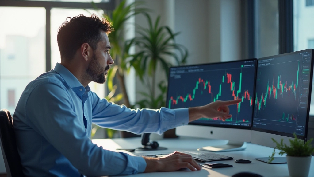Trader überprüft Handelseröffnungs- und Schließungspunkte auf Diagramm, moderne Handelsstation, professionelle Umgebung, konzentrierter Fokus