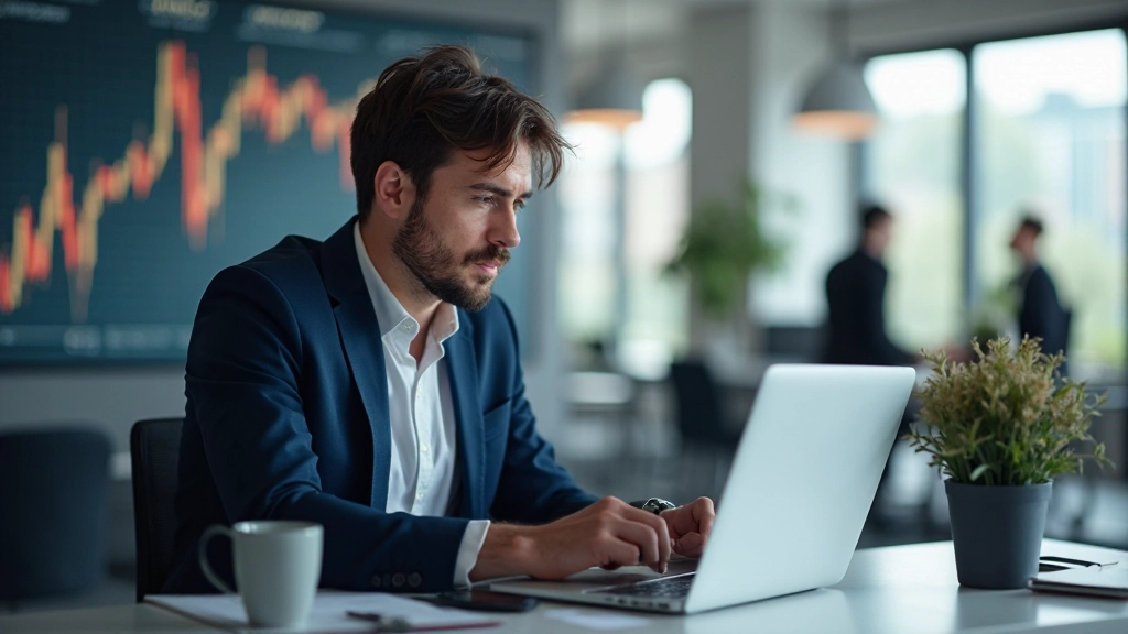 Professioneller Trader analysiert Marktdaten auf mehreren Bildschirmen in modernem Büro