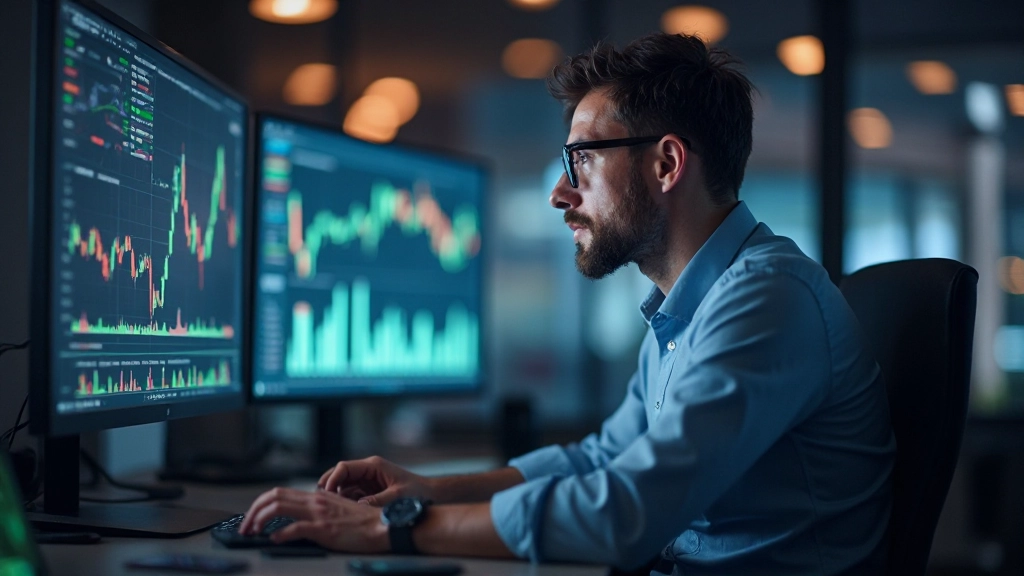 Analytiker analysiert Marktdaten auf mehreren Monitoren in modernem Handelsraum mit professioneller Beleuchtung