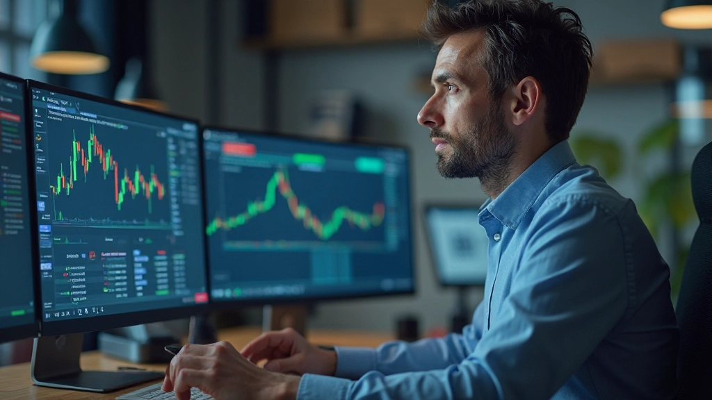 Trader arbeitet konzentriert mit Risikomanagementsoftware und Portfoliometriken auf dem Bildschirm