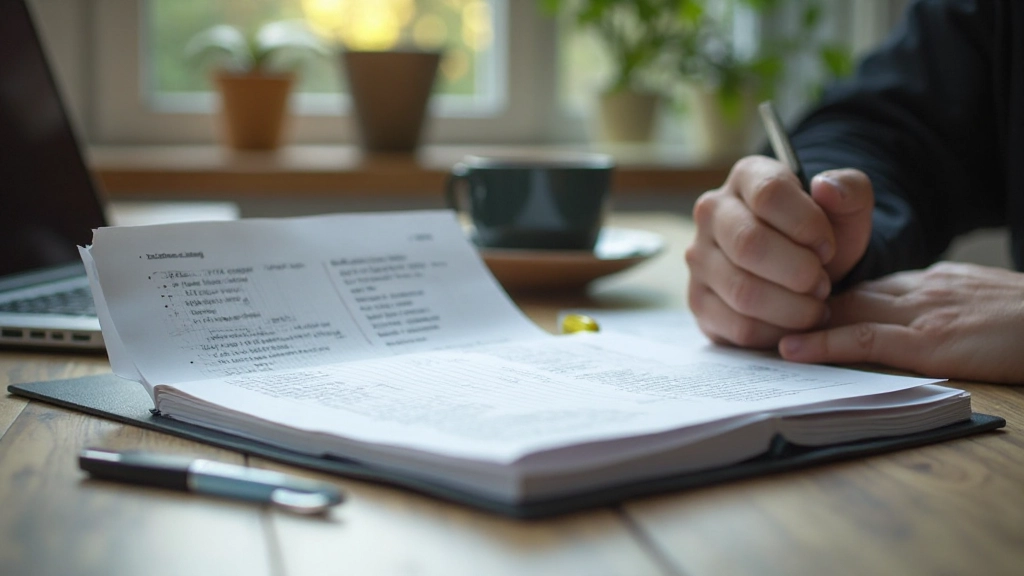 Notizbuch mit handschriftlichem Handelsplan und Notizen auf Schreibtisch neben Tasse Kaffee