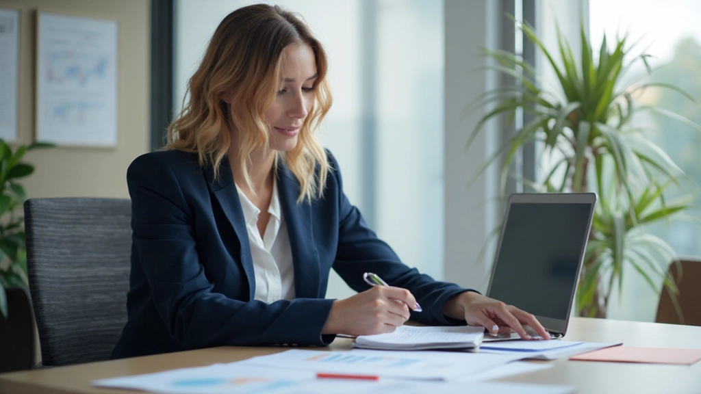 Professionelle Person bei der Finanzplanung mit Diagrammen und Notizen am modernen Schreibtisch