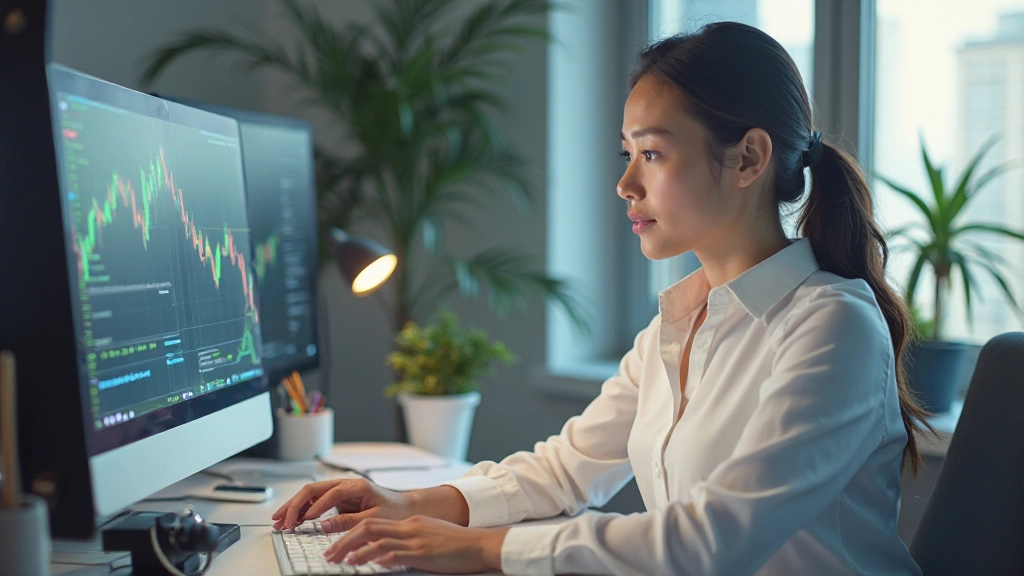 Professionelles Bild eines Traders, der bei Marktvolatilität mit ruhigem Fokus arbeitet, während Candlestick-Charts im Hintergrund zu sehen sind